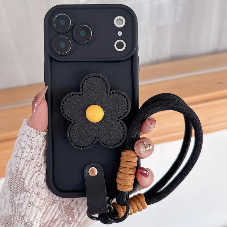 For iPhone 17 Pro Floral Holder TPU Phone Case with PU Buckle Lanyard(Black)