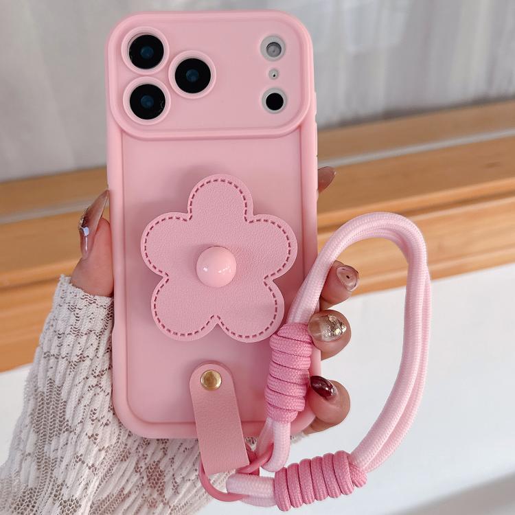 For iPhone 17 Pro Floral Holder TPU Phone Case with PU Buckle Lanyard(Pink)