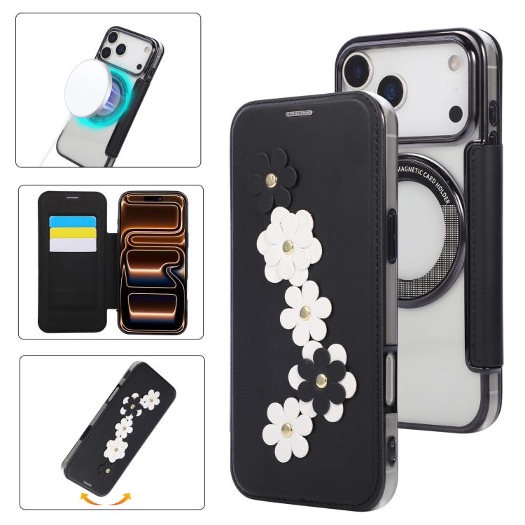 For iPhone 17 Pro Floral Magnetic Electroplated Card Holder Vegan Leather Phone Case(Black)