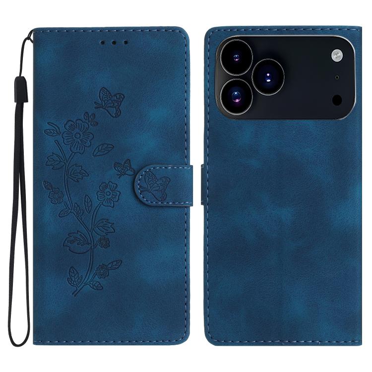 For iPhone 17 Pro Flower Butterfly Embossing Pattern Leather Phone Case(Blue)
