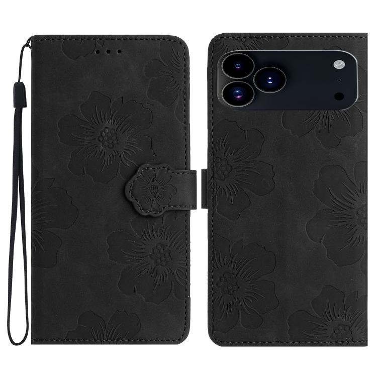 For iPhone 17 Pro Flower Embossing Pattern Leather Phone Case(Black)