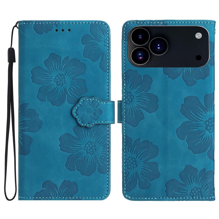 For iPhone 17 Pro Flower Embossing Pattern Leather Phone Case(Blue)