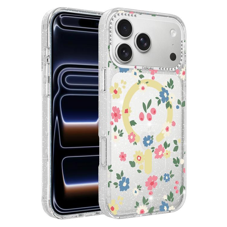 For iPhone 17 Pro Flower Pattern IMD Glitter Magnetic Phone Case(Rainbow Flower Field)