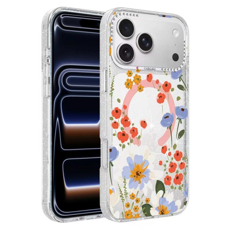 For iPhone 17 Pro Flower Pattern IMD Glitter Magnetic Phone Case(Warm Orange Blossom)