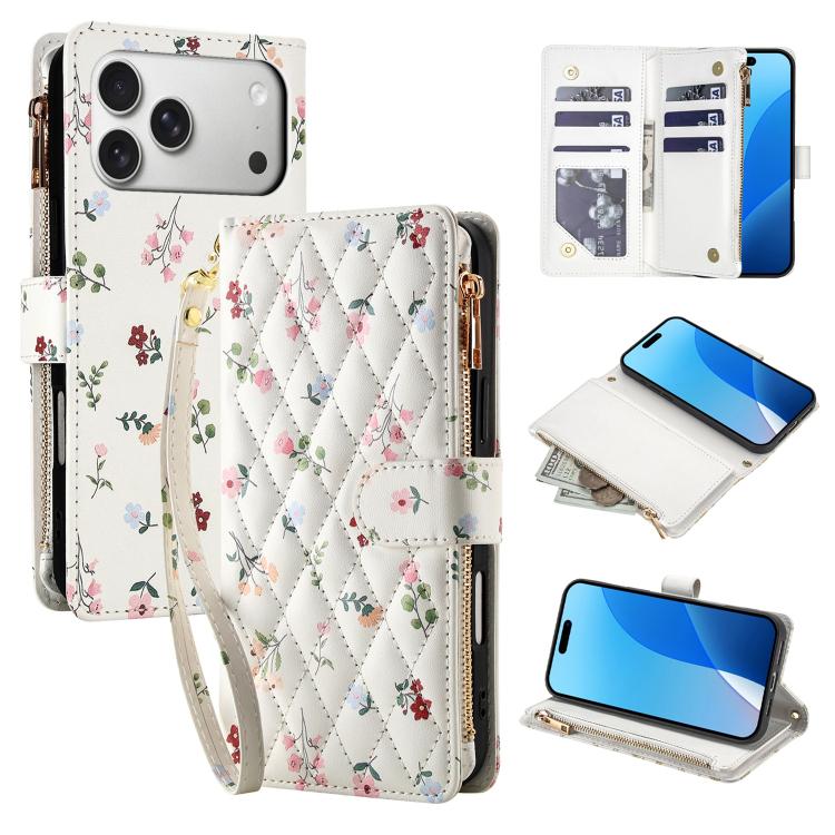 For iPhone 17 Pro Flower Pattern Zipper Wallet Vegan Leather Phone Case with Lanyard(Pink Flowers)