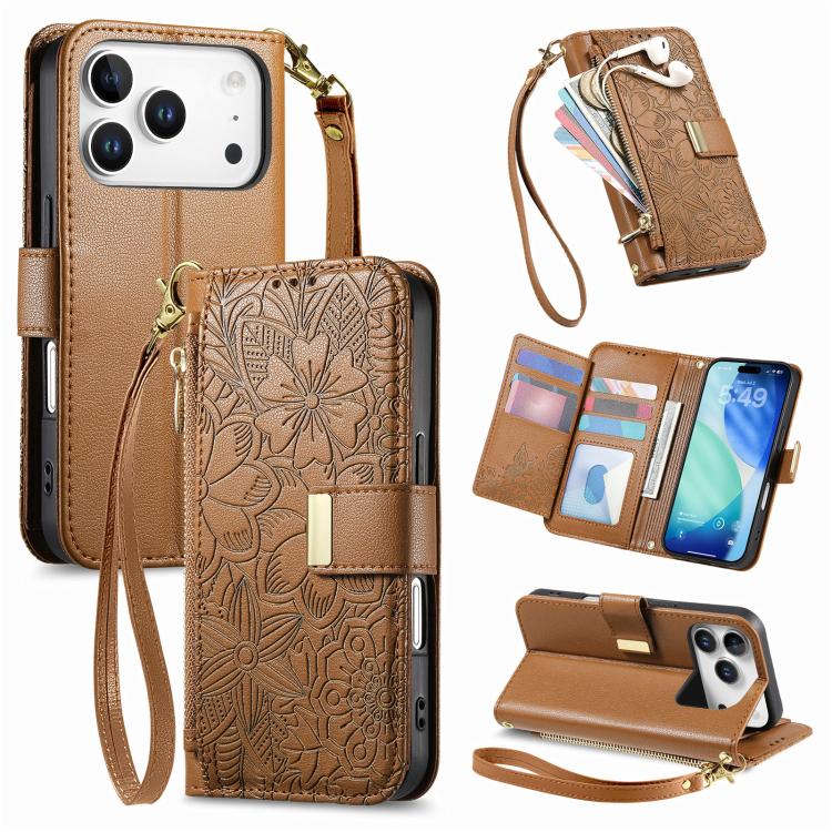 For iPhone 17 Pro Flowers Leaves Zipper Wallet Leather Phone Case with Strap(Brown)