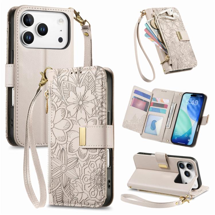 For iPhone 17 Pro Flowers Leaves Zipper Wallet Leather Phone Case with Strap(Khaki)