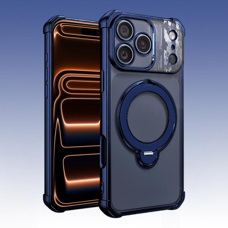 For iPhone 17 Pro Four-Corner Airbags Shockproof Rotation Holder Magnetic Phone Case(Dark Blue)