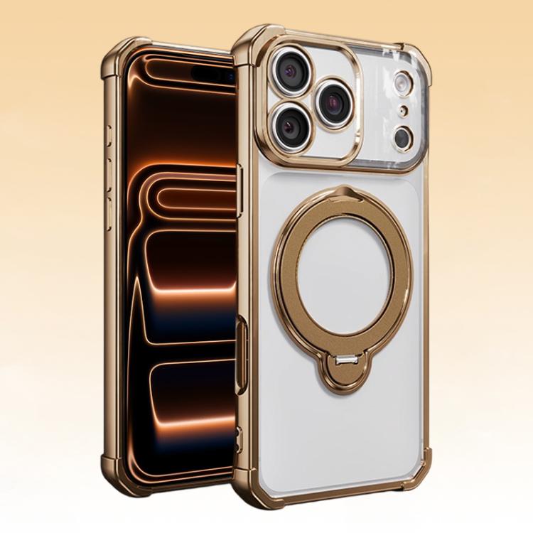 For iPhone 17 Pro Four-Corner Airbags Shockproof Rotation Holder Magnetic Phone Case(Desert Gold)