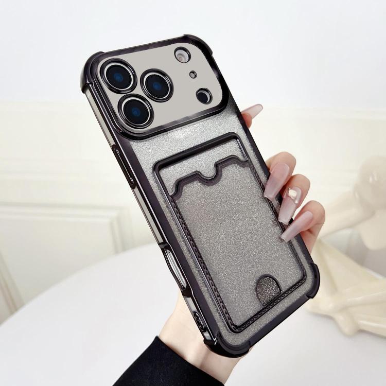 For iPhone 17 Pro Four-cornered Glitter Electroplated Card Bag TPU Phone Case(Black)