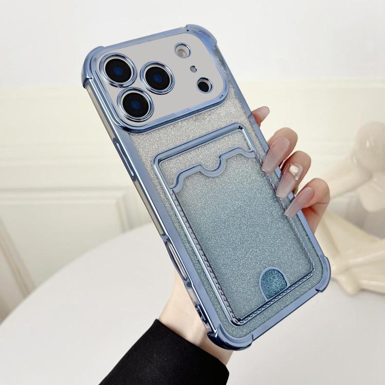 For iPhone 17 Pro Four-cornered Glitter Electroplated Card Bag TPU Phone Case(Blue)