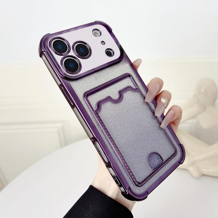 For iPhone 17 Pro Four-cornered Glitter Electroplated Card Bag TPU Phone Case(Purple)