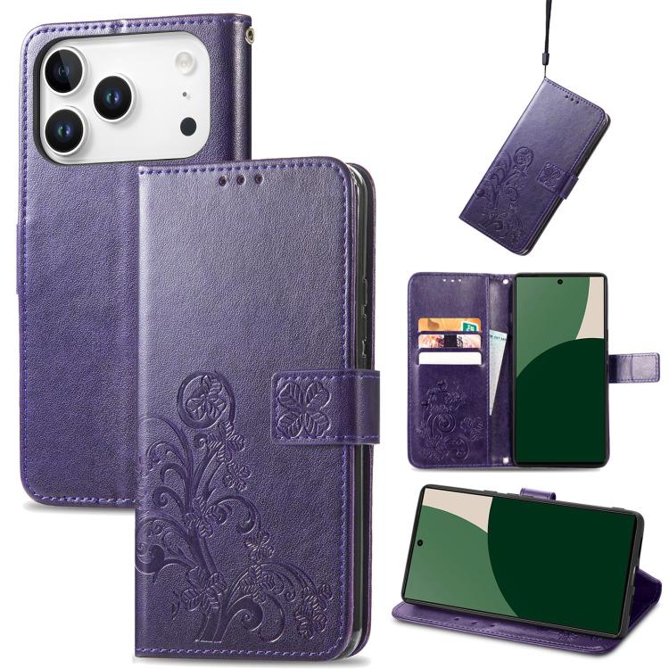 For iPhone 17 Pro Four-leaf Clasp Embossed Buckle Leather Phone Case(PUrple)
