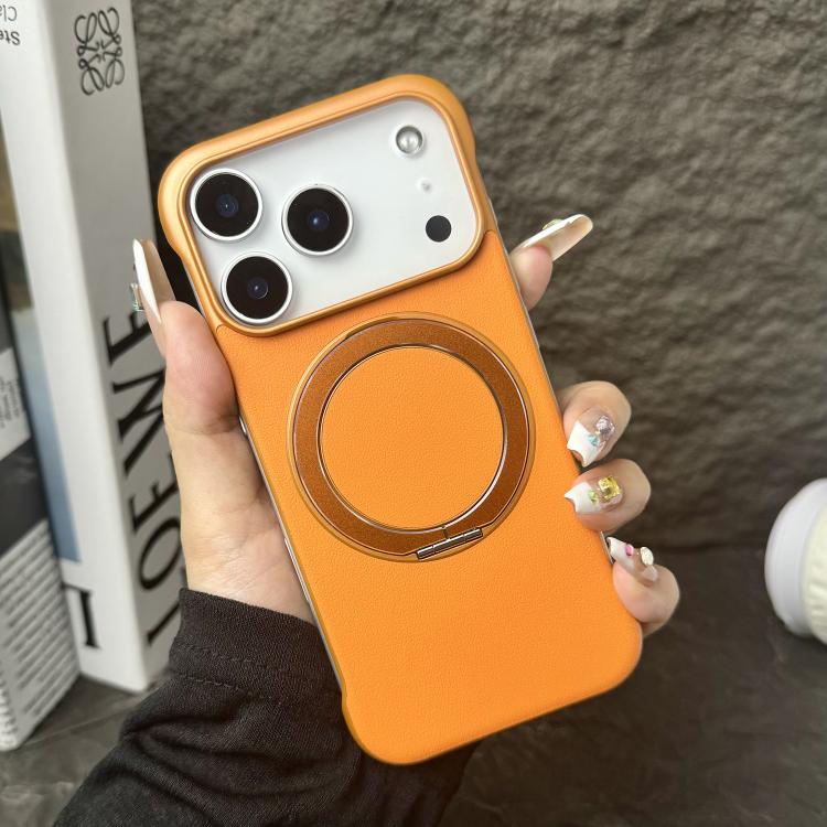 For iPhone 17 Pro Frameless Leather-Skin PC MagSafe Holder Phone Case(Orange)