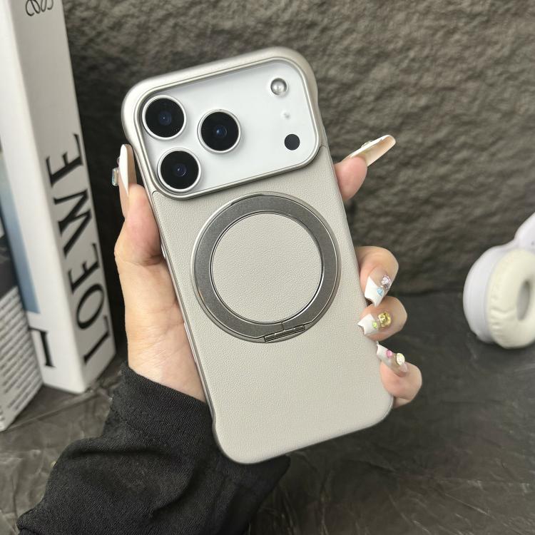 For iPhone 17 Pro Frameless Leather-Skin PC MagSafe Holder Phone Case(Titanium gray)