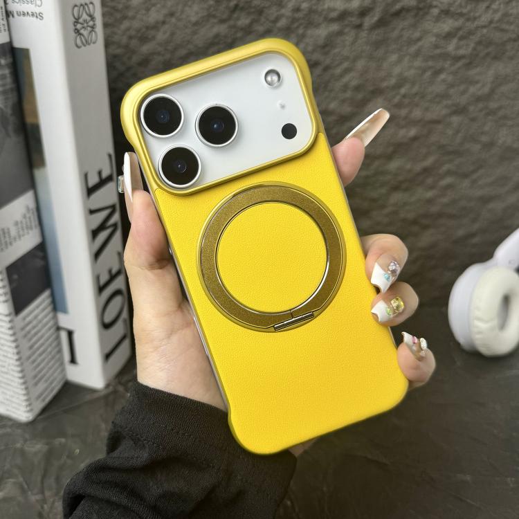 For iPhone 17 Pro Frameless Leather-Skin PC MagSafe Holder Phone Case(yellow)