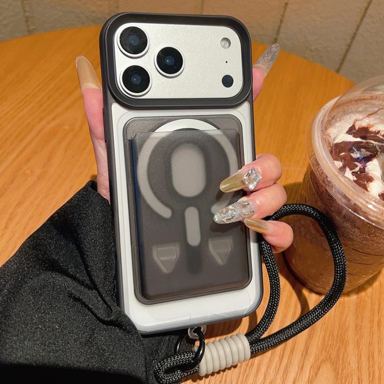 For iPhone 17 Pro Frosted Detachable Card Slot Holder Magnetic Phone Case with Wrist Strap(Black)