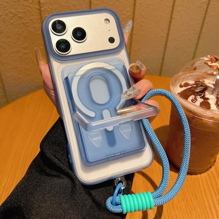 For iPhone 17 Pro Frosted Detachable Card Slot Holder Magnetic Phone Case with Wrist Strap(Blue)