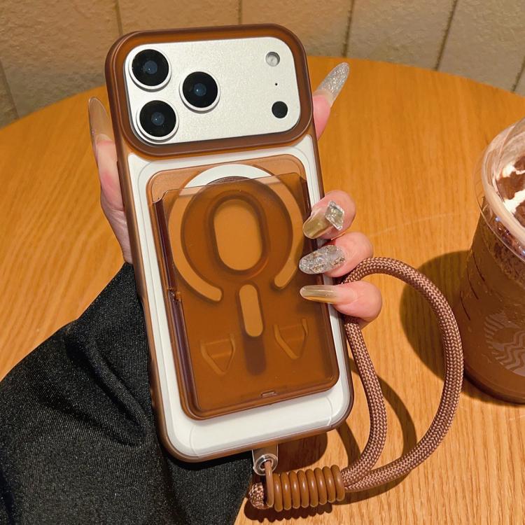 For iPhone 17 Pro Frosted Detachable Card Slot Holder Magnetic Phone Case with Wrist Strap(Brown)