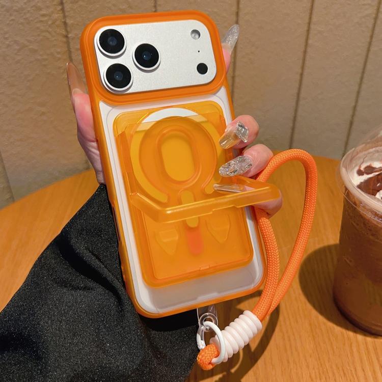 For iPhone 17 Pro Frosted Detachable Card Slot Holder Magnetic Phone Case with Wrist Strap(Orange)