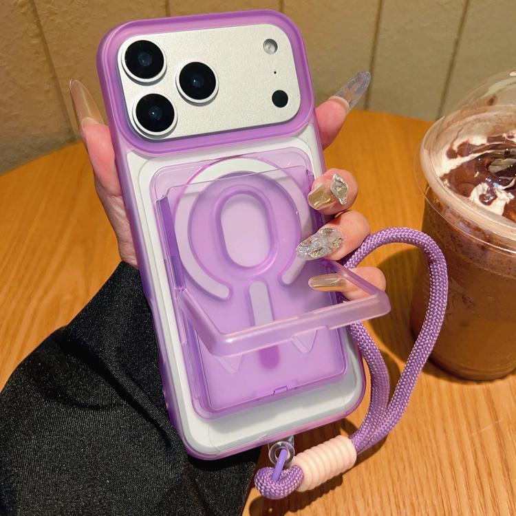 For iPhone 17 Pro Frosted Detachable Card Slot Holder Magnetic Phone Case with Wrist Strap(Purple)