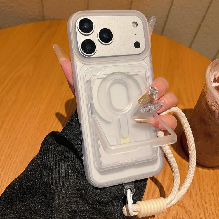 For iPhone 17 Pro Frosted Detachable Card Slot Holder Magnetic Phone Case with Wrist Strap(White)