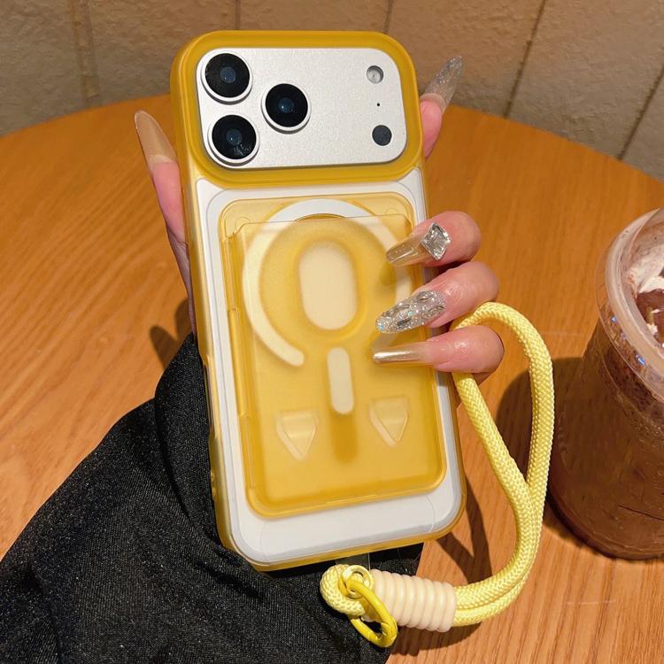 For iPhone 17 Pro Frosted Detachable Card Slot Holder Magnetic Phone Case with Wrist Strap(Yellow)