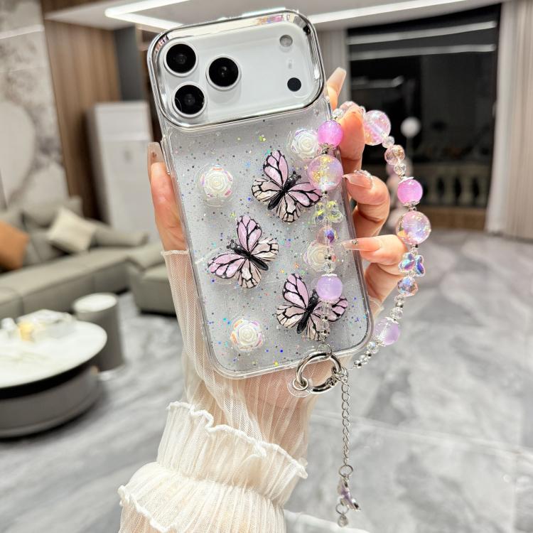 For iPhone 17 Pro Glitter 3D Butterfly Glitter Epoxy TPU Phone Case with Bracelet Chain(Pink)