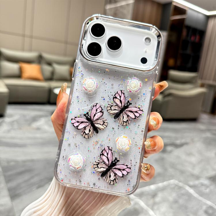 For iPhone 17 Pro Glitter 3D Butterfly TPU Phone Case(Pink)