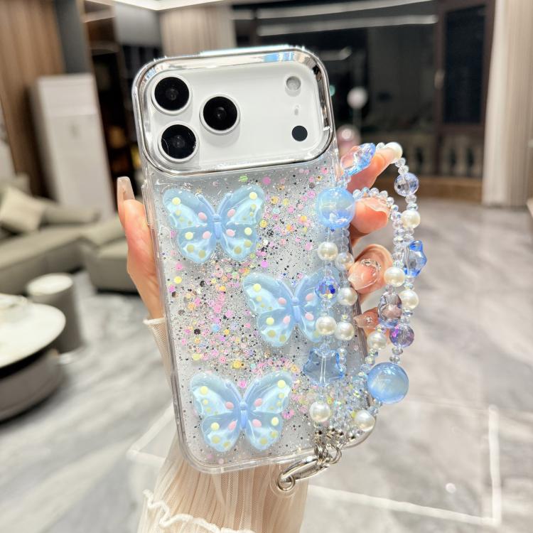 For iPhone 17 Pro Glitter 3D Color Butterfly Epoxy TPU Phone Case with Bracelet Chain(Blue)