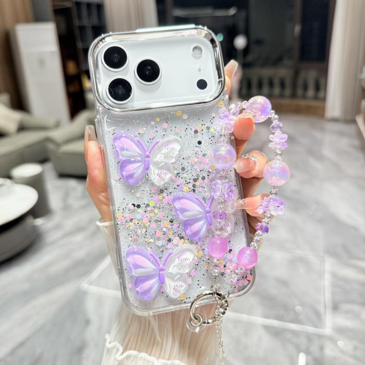 For iPhone 17 Pro Glitter 3D Color Butterfly Epoxy TPU Phone Case with Bracelet Chain(Purple)