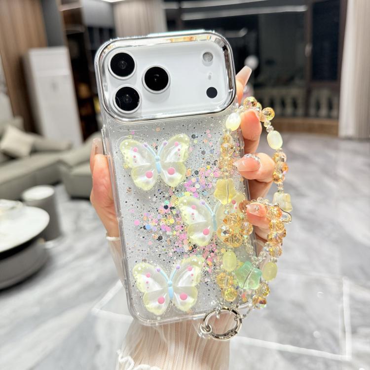 For iPhone 17 Pro Glitter 3D Color Butterfly Epoxy TPU Phone Case with Bracelet Chain(Yellow)