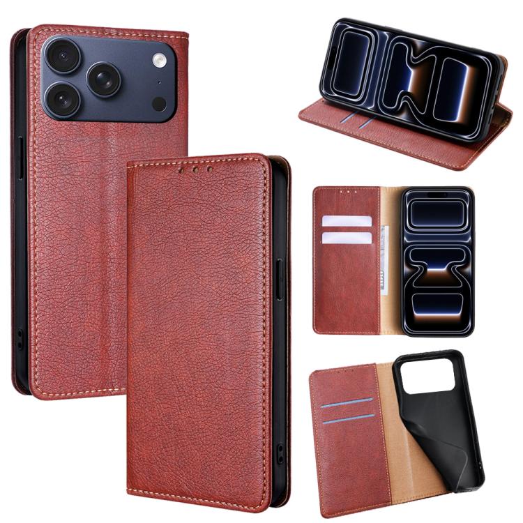 For iPhone 17 Pro Gloss Oil Solid Color Magnetic Leather Phone Case(Brown)
