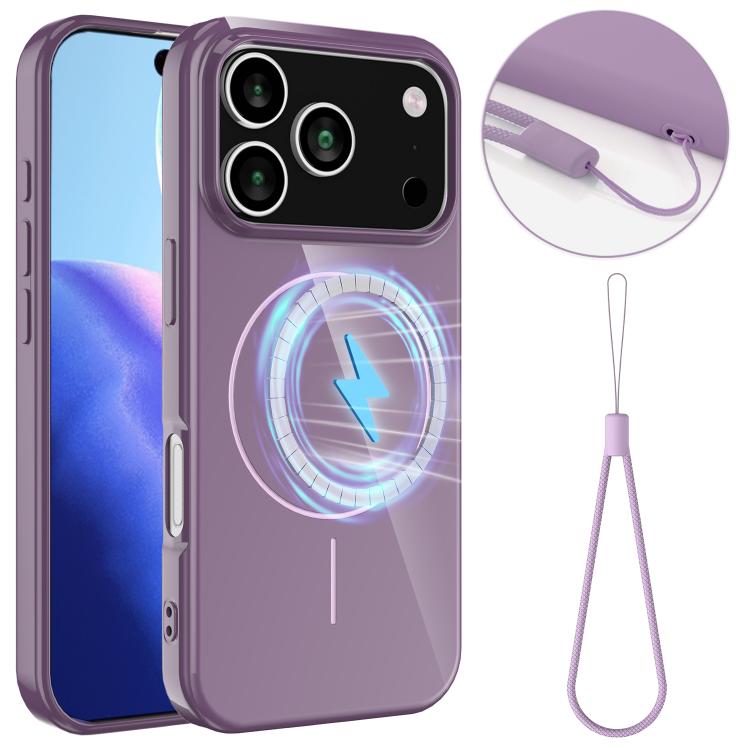 For iPhone 17 Pro Glossy TPU Shockproof MagSafe Phone Case with Lanyard(Purple)