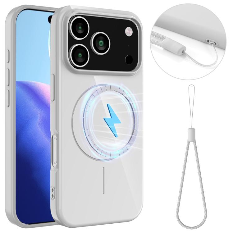 For iPhone 17 Pro Glossy TPU Shockproof MagSafe Phone Case with Lanyard(White)