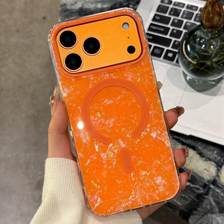 For iPhone 17 Pro Gold-plated Shell Texture Magnetic Phone Case(Orange)