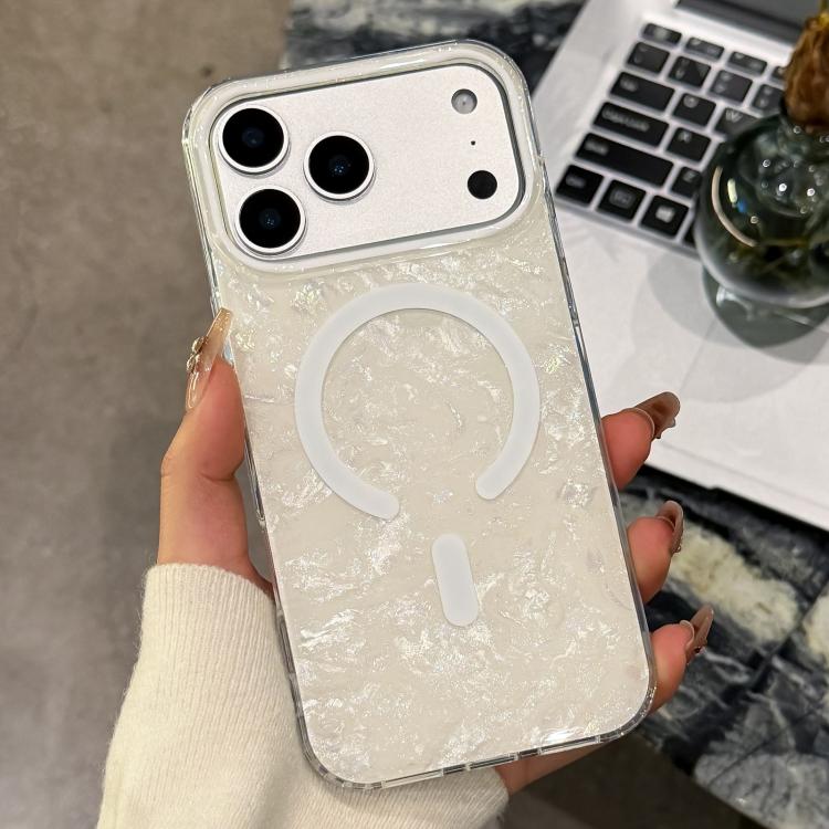 For iPhone 17 Pro Gold-plated Shell Texture Magnetic Phone Case(White)