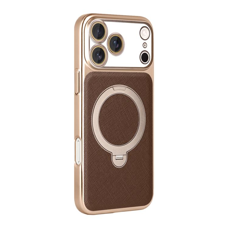 For iPhone 17 Pro Gold Shield Magnetic Holder Lens Film Phone Case(Brown)