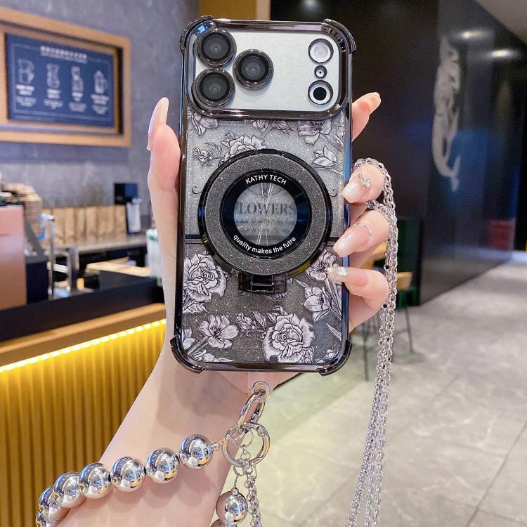For iPhone 17 Pro Gradient Glitter Flowers Electroplated Phone Case with Beaded Strap and Long Chain(Black)