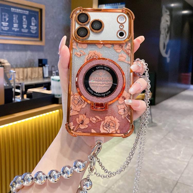 For iPhone 17 Pro Gradient Glitter Flowers Electroplated Phone Case with Beaded Strap and Long Chain(Orange)