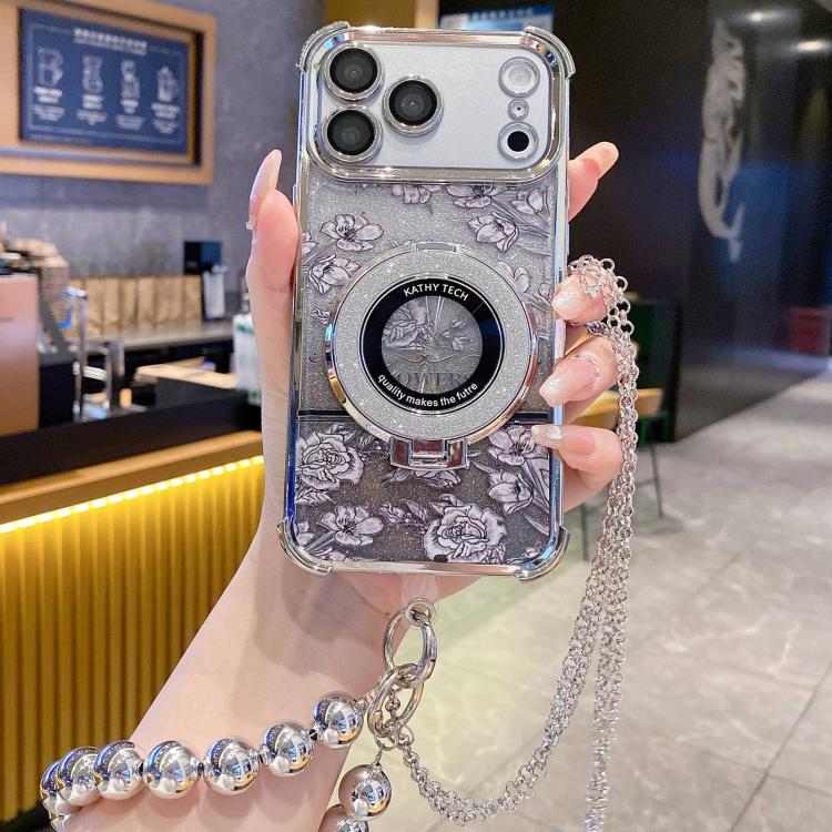 For iPhone 17 Pro Gradient Glitter Flowers Electroplated Phone Case with Beaded Strap and Long Chain(Silver)