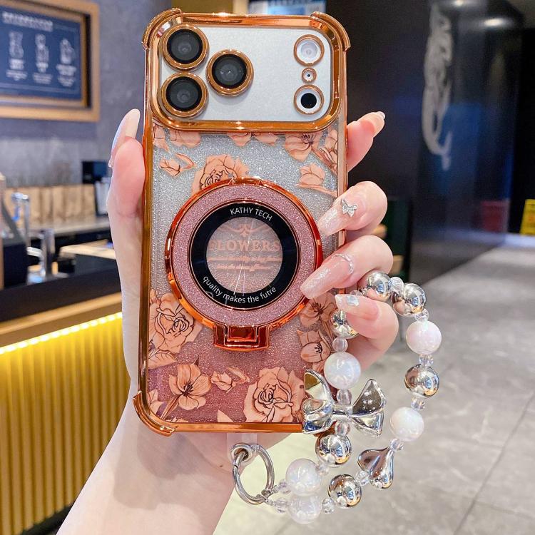 For iPhone 17 Pro Gradient Glitter Flowers Electroplated Phone Case with Wrist Strap(Orange)