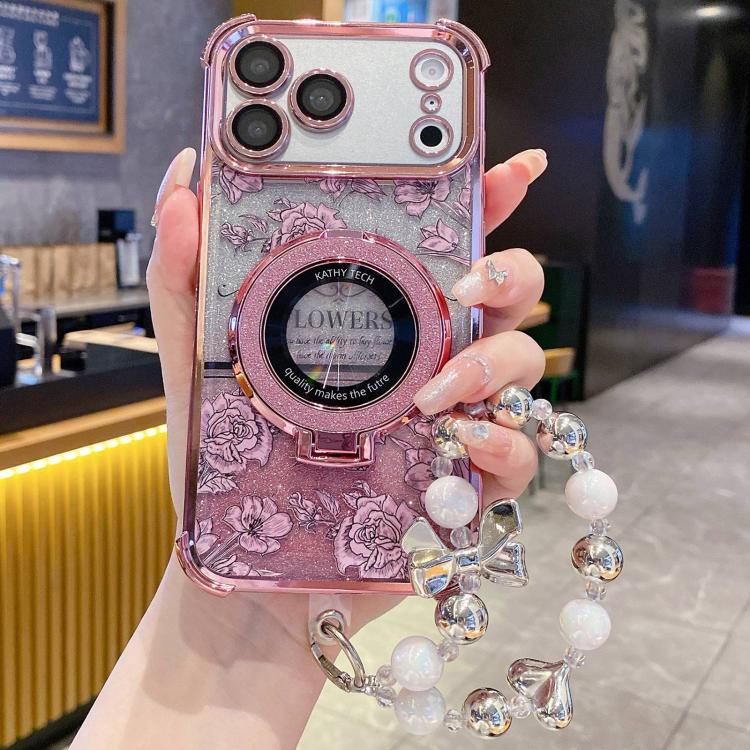 For iPhone 17 Pro Gradient Glitter Flowers Electroplated Phone Case with Wrist Strap(Pink)