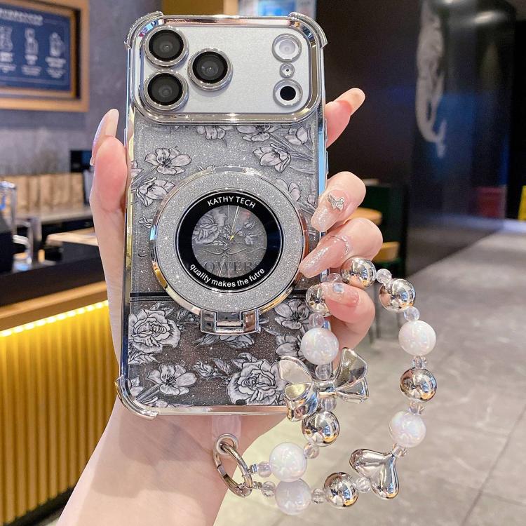 For iPhone 17 Pro Gradient Glitter Flowers Electroplated Phone Case with Wrist Strap(Silver)