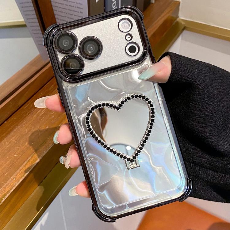 For iPhone 17 Pro Heart-shaped Mirror Electroplated TPU + Acrylic Phone Case with Holder(Black)
