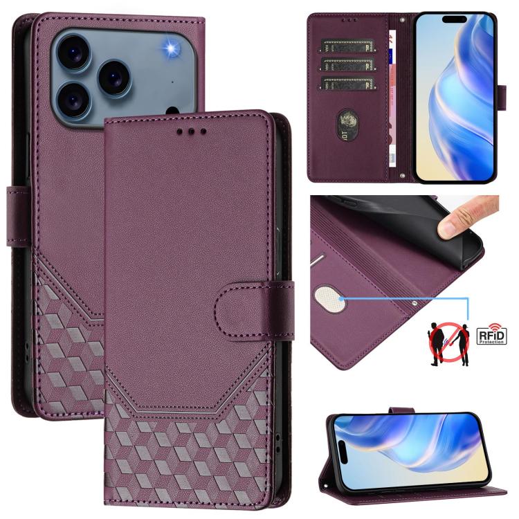 For iPhone 17 Pro Honeycomb Embossing RFID Leather Phone Case(Violet)