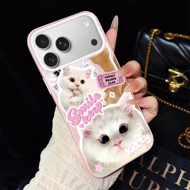For iPhone 17 Pro Ice Cream Cats Pattern IMD Glitter PC Hybrid TPU Phone Case(Pink)