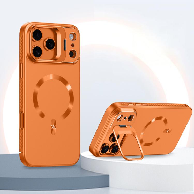 For iPhone 17 Pro Ice Crystal Solid Color U-Shaped Magnetic Invisible Lens Holder Frosted Phone Case(Orange)