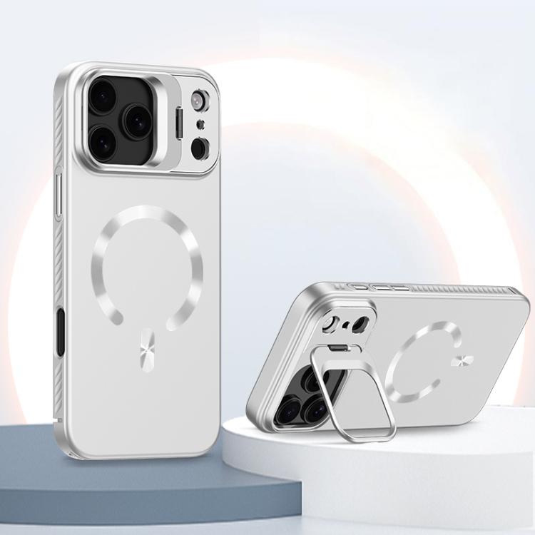 For iPhone 17 Pro Ice Crystal Solid Color U-Shaped Magnetic Invisible Lens Holder Frosted Phone Case(Silver)