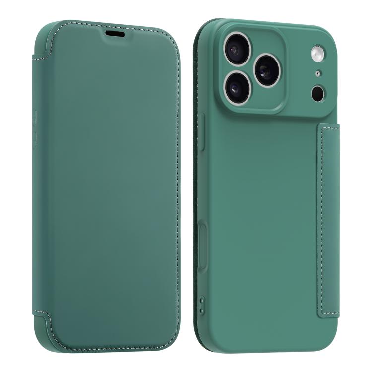 For iPhone 17 Pro Imitate Liquid Skin Feel Leather Phone Case with Card Slots(Dark Green)